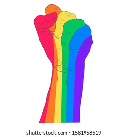 Rainbow colored hand with a fist raised up isolated on white background. Gay Pride. LGBT concept. Sticker, patch, t-shirt print, logo design.