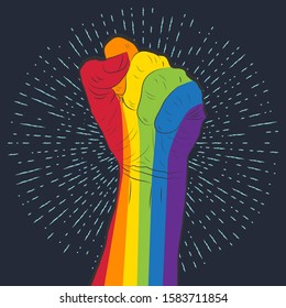 Rainbow colored hand with a fist raised up on the background of retro rays. Gay Pride. LGBT concept. Sticker, patch, t-shirt print, logo design.