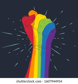 Rainbow colored hand with a fist raised up on the background of retro rays. Gay Pride. LGBT concept. Sticker, patch, t-shirt print, logo design.