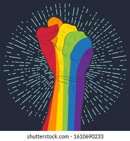 Rainbow colored hand with a fist raised up on the background of retro rays. Gay Pride. LGBT concept. Sticker, patch, t-shirt print, logo design.