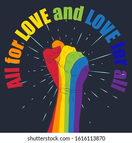 Rainbow colored hand with a fist raised upon a background of retro rays. Lettering All for love and love for all. Gay Pride. LGBT concept. Sticker, patch, t-shirt print, logo design.