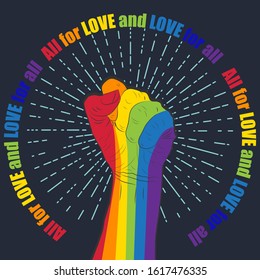 Rainbow colored hand with a fist raised upon a background of retro rays. Lettering All for love and love for all. Gay Pride. LGBT concept. Sticker, patch, t-shirt print, logo design.