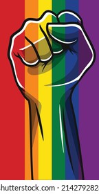 Rainbow colored hand with a fist raised up. Gay Pride. LGBT concept. Realistic style vector colorful illustration. Sticker, patch, t-shirt print, logo design.