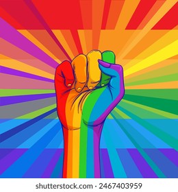 Mano de color arco iris con el puño levantado. Orgullo Gay. El concepto LGBT. Ilustración colorida de Vector de estilo realista. Pegatina, parche, impresión de la camiseta, diseño del logotipo.