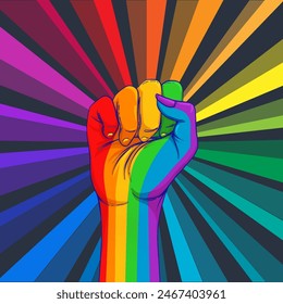 Mano de color arco iris con el puño levantado. Orgullo Gay. El concepto LGBT. Ilustración colorida de Vector de estilo realista. Pegatina, parche, impresión de la camiseta, diseño del logotipo.