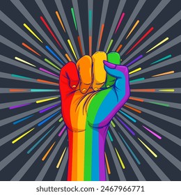 Rainbow colored hand with a fist raised up. Gay Pride. LGBT concept. Realistic style vector colorful illustration. Sticker, patch, t-shirt print, logo design.