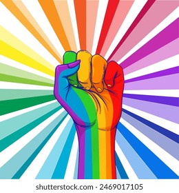 Mano de color arco iris con el puño levantado. Orgullo Gay. El concepto LGBT. Ilustración colorida de Vector de estilo realista. Pegatina, parche, impresión de la camiseta, diseño del logotipo.