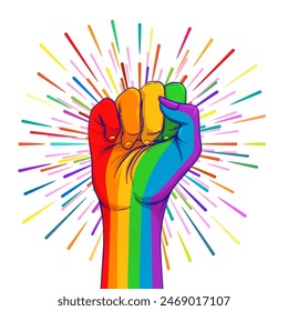 Mano de color arco iris con el puño levantado. Orgullo Gay. El concepto LGBT. Ilustración colorida de Vector de estilo realista. Pegatina, parche, impresión de la camiseta, diseño del logotipo.