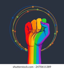 Mano de color arco iris con el puño levantado. Orgullo Gay. El concepto LGBT. Ilustración colorida de Vector de estilo realista. Pegatina, parche, impresión de la camiseta, diseño del logotipo.