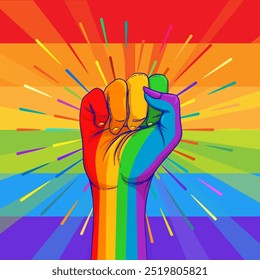 Rainbow colored hand with a fist raised up. Gay Pride. LGBT concept. Realistic style vector colorful illustration. Sticker, patch, t-shirt print.