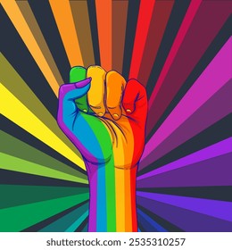 Mão de cor arco-íris com o punho levantado. Orgulho Gay. conceito LGBT. Realista estilo vetor ilustração colorida. Etiqueta, adesivo, impressão de camiseta.