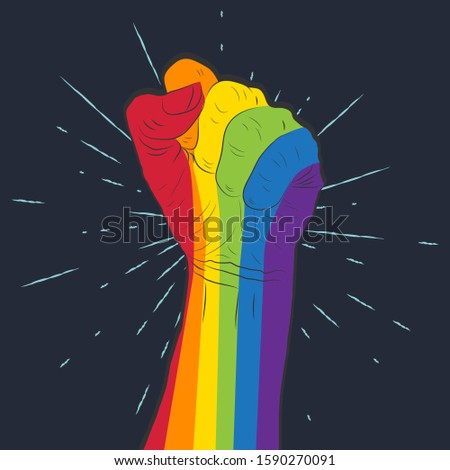 Rainbow colored hand with a fist raised up on the background of retro rays. Gay Pride. LGBT concept. Sticker, patch, t-shirt print, logo design.