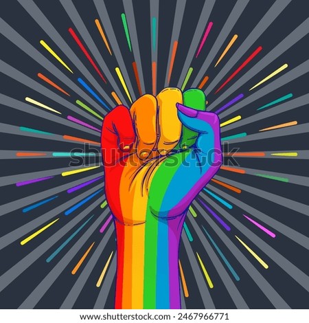 Rainbow colored hand with a fist raised up. Gay Pride. LGBT concept. Realistic style vector colorful illustration. Sticker, patch, t-shirt print, logo design.