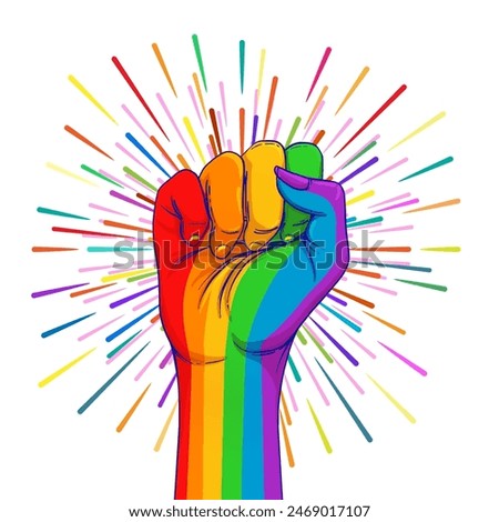 Rainbow colored hand with a fist raised up. Gay Pride. LGBT concept. Realistic style vector colorful illustration. Sticker, patch, t-shirt print, logo design.
