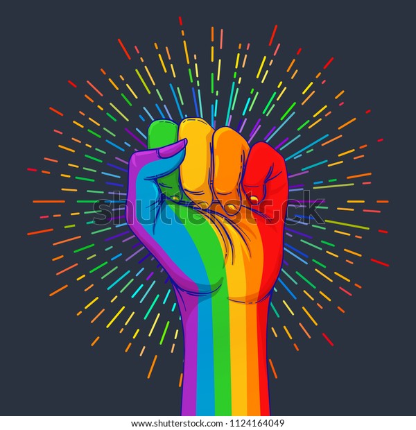 Rainbow colored hand with a\
fist raised up. Gay Pride. LGBT concept. Realistic style vector\
colorful illustration. Sticker, patch, t-shirt print, logo\
design.