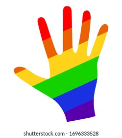 Rainbow colored hand palm raised up isolated on white background. Gay Pride. LGBT supporting concept. Simple vector icon.