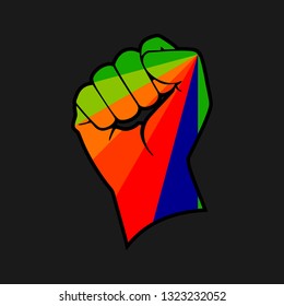 Rainbow colored hand raised