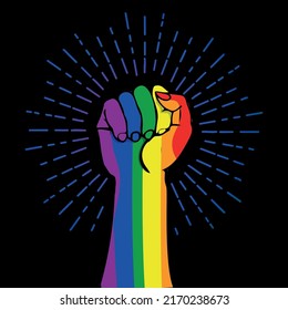 Mano de color arcoiris con puño alto. Orgullo gay. Concepto LGBT. Colorida ilustración vectorial de estilo realista. Pegatina, parche, estampado de camisetas, diseño de logotipo.