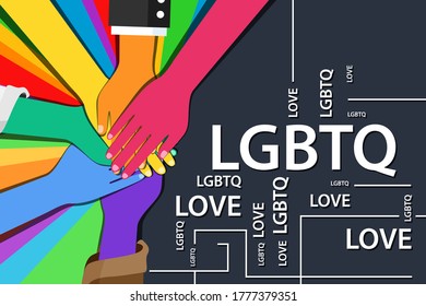 Rainbow colored hand with word lgbtq on rainbow background.