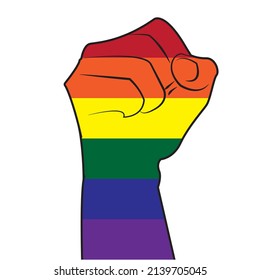 Rainbow colored hands with raised fists. Gay pride. LGBT concept. Colorful illustration. Sticker, paste, t-shirt screen printing, logo design.