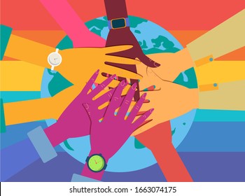 Manos coloreadas de arcoiris levantadas. Orgullo gay, concepto LGBT, bandera arco iris LGBT. Dibujo de color vector. Pegatina, parche, impresión en pantalones t, diseño de logotipo.