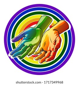 Rainbow colored hands with two rings. Hand drawn illustration with lesbian gay palms wedding invitation symbols. Pride parade concept. Vector illustration. Choosing to love text