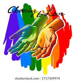 Manos de color arcoiris con dos anillos. Dibujo a mano con las palmas gays lesbianas símbolos de invitación a la boda. Concepto de desfile de orgullo. Ilustración vectorial. Elegir amar el texto