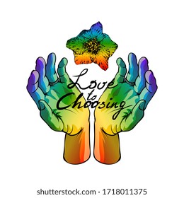 Rainbow colored hands with two rings. Hand drawn illustration with lesbian gay palms wedding invitation symbols. Pride parade concept. Vector illustration. Choosing to love text
