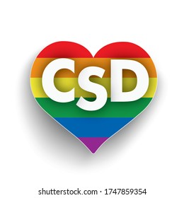 Corazón de color arcoiris con las letras CSD sobre el fondo blanco. Archivo vectorial Eps 10.