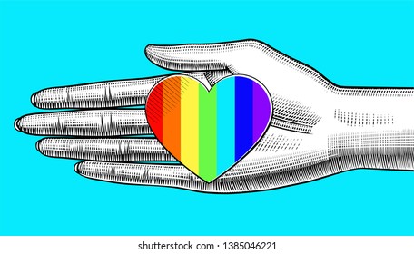 Rainbow colored heart with open hand. Gay Pride. LGBT concept. Vintage engraving stylized drawing. 
Vector illustration