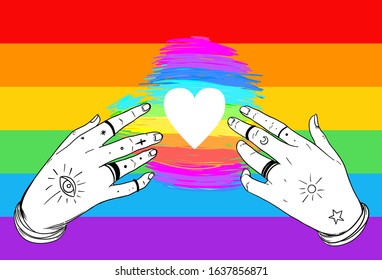 Rainbow colored heart with open hands. Gay Pride. LGBT concept. Realistic style vector colorful illustration. Sticker, patch, t-shirt print, logo design.