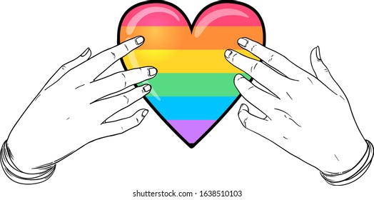 Rainbow colored heart with open hands. Gay Pride. LGBT concept. Realistic style vector colorful illustration. Sticker, patch, t-shirt print, logo design.