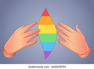 Rainbow colored heart with open hands. Gay Pride. LGBT concept. Realistic style vector colorful illustration. Sticker, patch, t-shirt print, logo design.