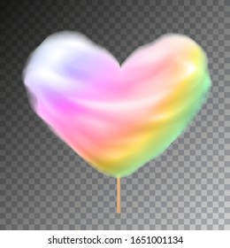 Rainbow colored heart shape cotton candy on stick. Sweet fluffy snack vector illustration with transparency.