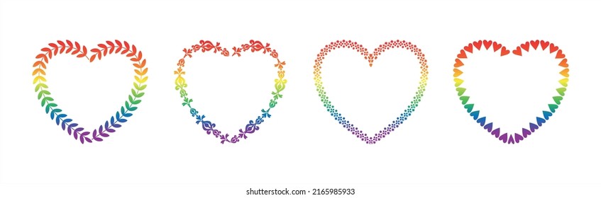 Rainbow colored, heart shaped frame, border, sticker set. No text. Transparent background. Isolated on white layer.