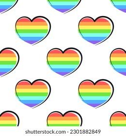 Rainbow colored hearts with black doodle outline on white background. Vector seamless pattern in colors of the LGBT community. Best for print, posters, cards, stickers and web design.