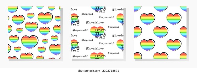 Rainbow colored hearts with black doodle outline and lettering on white background. Vector seamless patterns collection in colors of the LGBT community.
