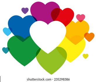 Rainbow colored hearts forming a colorful cloud and frame to write your text in it. Isolated vector illustration on white background.