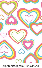 Rainbow colored hearts on white, a seamless pattern