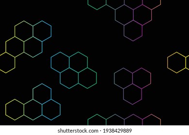 rainbow colored hexagons on black seamless pattern