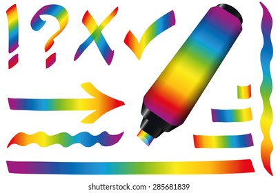 Rainbow colored highlighter - marker, strokes and signs. Isolated vector illustration on white background.