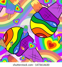 Rainbow colored ice cream and hearts Seamless Pattern. LGBT concept. Vector illustration.