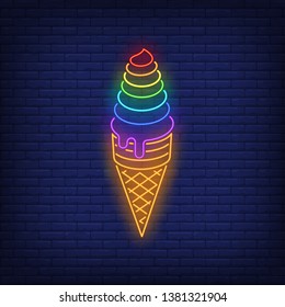 Rainbow colored ice cream neon sign. Cone, food, dessert, lgbt colors. Vector illustration in neon style for bright banners, light billboards, gay pride flyers