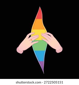 Farbiges Regenbogensymbol. Gay Pride. LGBT-Konzept. Realistische Vektorgrafik, bunte Illustration, einzeln auf Schwarz. Aufkleber, T-Shirt-Print, Logo