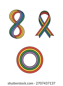 Rainbow colored infinity symbol, awareness ribbon, and concentric circle, representing diversity, inclusion, and lgbtq pride, isolated on white background