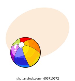 Rainbow colored inflated beach ball, sketch style vector illustration with place for text. Hand drawn colorful beach ball, symbol of summer vacation in tropical countries