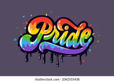 Rainbow colored inscription “Pride”. Hand drawn LGBT Pride month illustration.