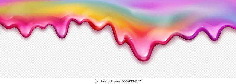 Rainbow colored leak and drip jelly syrup or gel on transparent background. Realistic 3d vector illustration of colorful sweet spill gooey surface frame. Bright color slime or paint wave border.