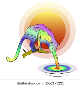 rainbow colored leopard touches the water in the background of the sun