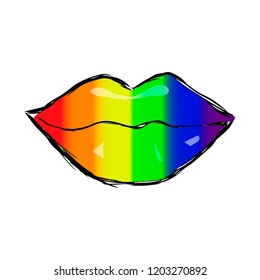 Rainbow colored lips. Flag of LGBT community on lips. Vector illustration for sticker, pin, greeting card, poster, patch, t-shirt prints.